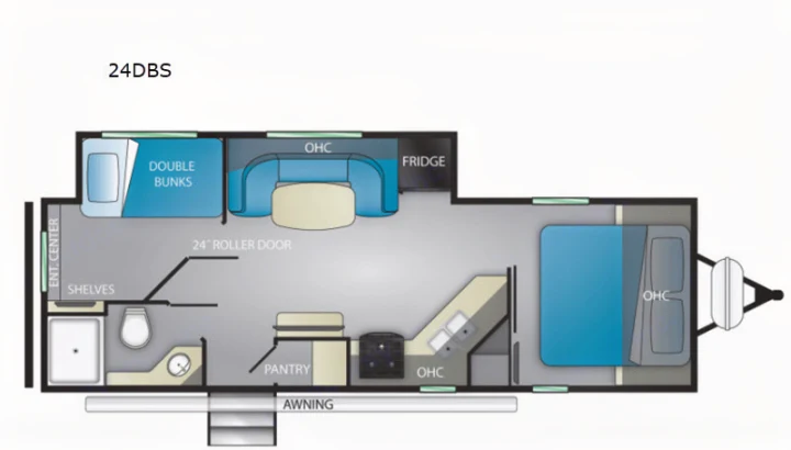 Explore this 24DBS RV rental floor plan, detailing its bunkhouse layout with master bed, kitchen, bath, & living space.. Heartland North Trail 2021