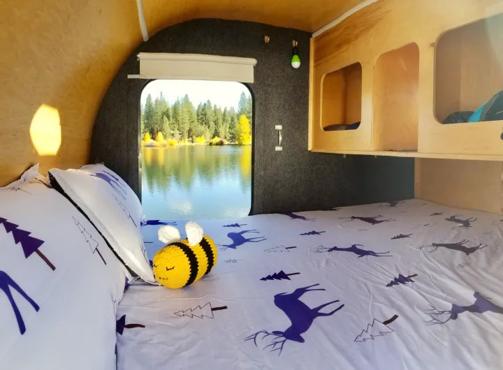 Cozy RV rental interior showcasing a bed with deer/tree bedding, a bee plush, wooden storage, and a picturesque lake view.. Other Other 2011
