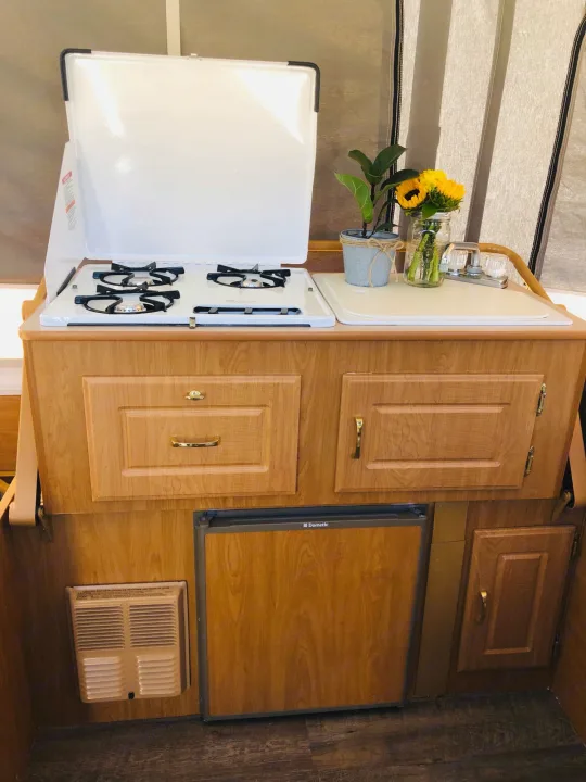 RV rental kitchen: compact stove, sink, and fridge in a cozy, wood-paneled camper interior.. Coleman Grand Tour Carmel 2003
