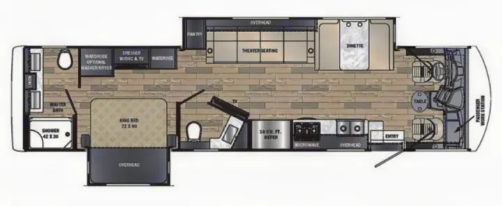 Detailed rv rental floor plan: master bath, king bed, kitchen, dinette, theater seating, and passenger work station.. Forest River Georgetown GT7 2021