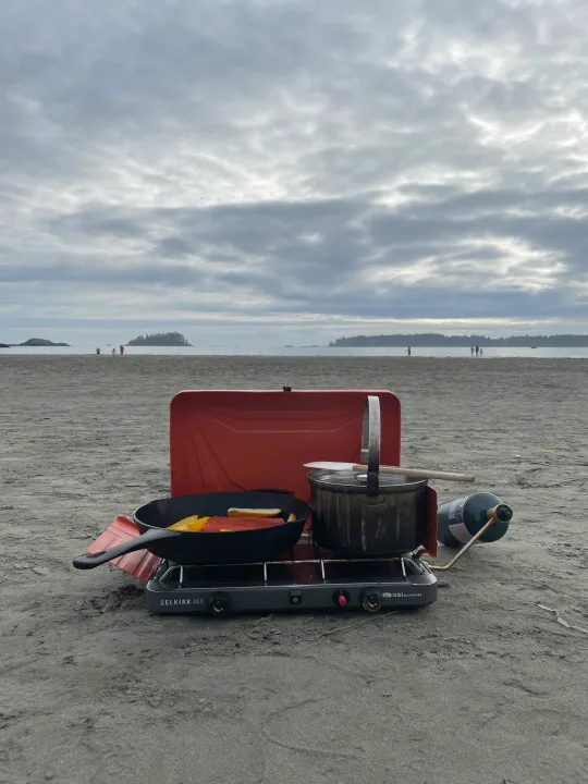 Beach cooking on a Selkirk 460 stove during an rv rental adventure. Fresh fish and peppers sizzle, with ocean, islands, and distant people under cloudy skies.. Coachmen Catalina SBX 221TBS 2019
