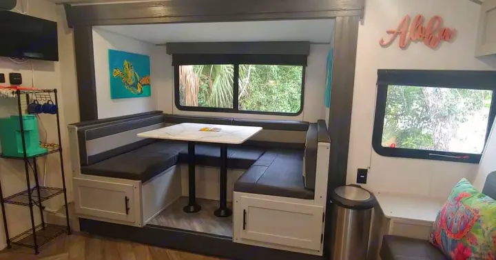 Large U-shaped dinette (is a slide) that converts to a full bed.  2" topper provided for comfort.. Forest River Salem 2022