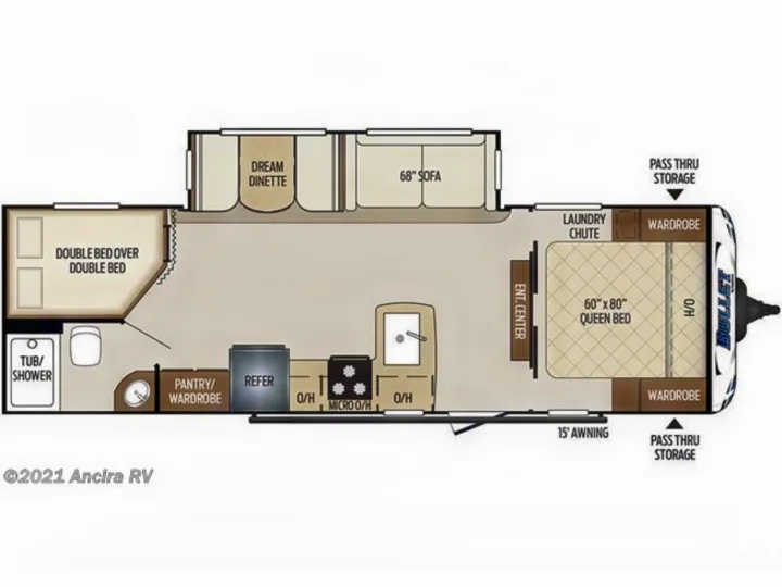 RV rental floor plan: This travel trailer layout features a queen bed, bunk beds, kitchen, bath, dinette, and sofa.. Keystone Bullet 2020