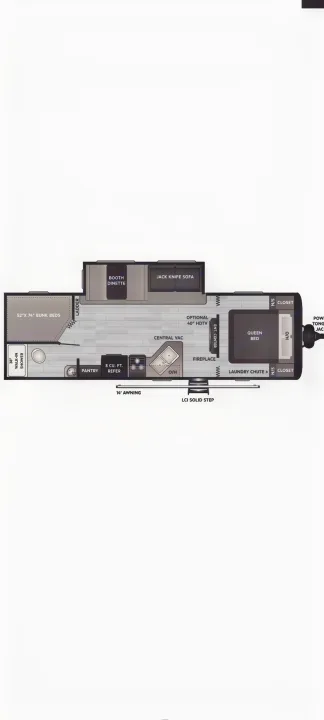 RV rental floor plan: Overhead view of an RV interior with bunk beds, a queen bed, kitchen, and living spaces.. Keystone RV Hideout 2022