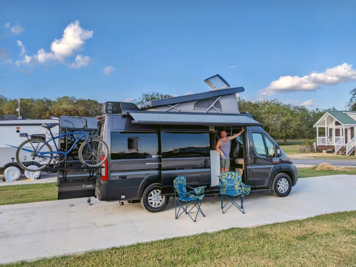 Rig fully deployed, featuring the pop up loft and bike racks. Thor Sequence 2022