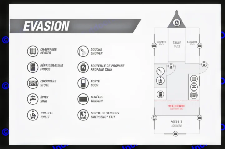 RV rental floor plan: "EVASION" model layout detailing amenities like kitchen, bath, and convertible sofa bed.. Prolite RV Evasion 16 2022