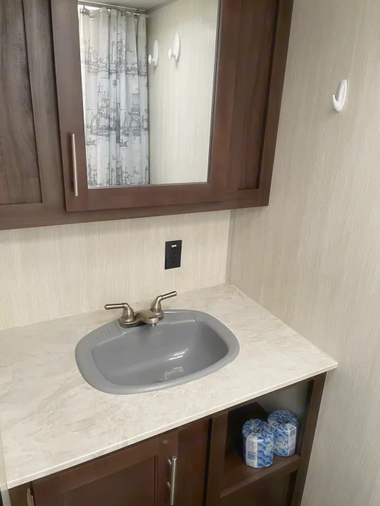 RV rental bathroom features a sink, mirrored vanity, overhead storage, and a reflected shower curtain.. Forest River Cherokee Wolf Pup 2019