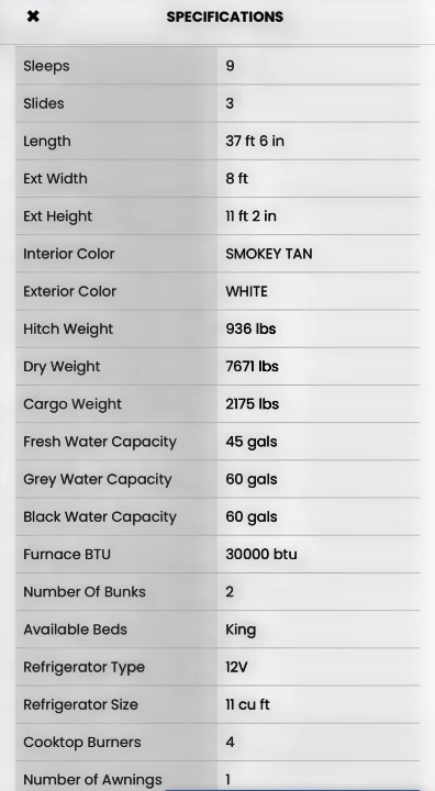 RV rental specifications: Details on sleeps (9), length (37 ft 6 in), weights, water capacities, and interior features.. Crossroads Sunset Trail Super Lite 2022