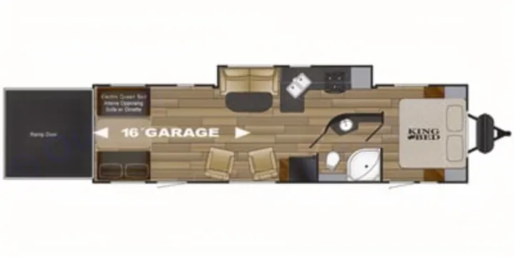 RV rental: Detailed floor plan of a toy hauler featuring a 16' garage, king bed, kitchen, and bathroom.. Heartland Fuel 305 2018