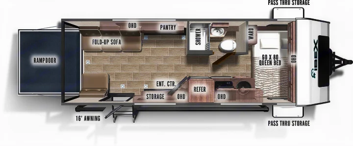 Explore this RV rental's detailed floor plan: queen bed, bath, kitchen, ramp door, and flexible living area in this travel trailer.. Forest River Ibex 2021