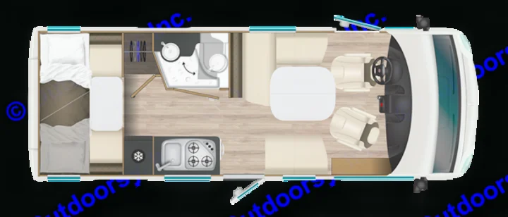 RV rental motorhome floor plan. Detailed interior layout with beds, kitchen, bathroom, dining, & driving area.. ITINEO CS660 2022
