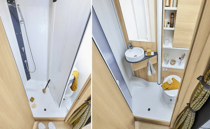 Compact RV rental bathroom showcasing a clever transforming design with shower, toilet, sink, and storage.. ITINEO CS660 2022