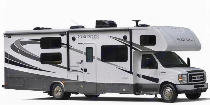 A large, side-view of a modern white and grey Class C motorhome, branded Forester, often used for rv rental.. Jayco Greyhawk 2017