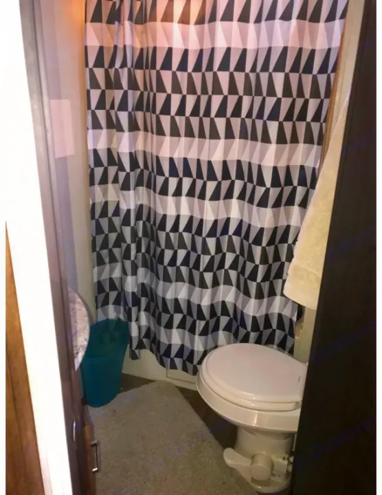 RV rental bathroom featuring a compact toilet, bold geometric shower curtain, and small rug. Ready for your adventure!. Forest River Salem Cruise Lite 2018