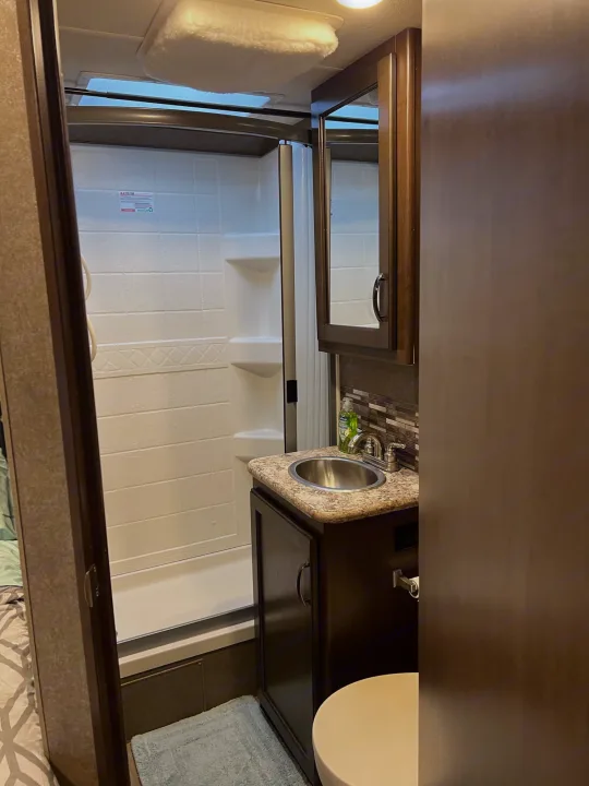Compact RV rental bathroom featuring a shower, vanity with sink, and toilet. Ideal for road trips.. Thor Freedom Elite 2020