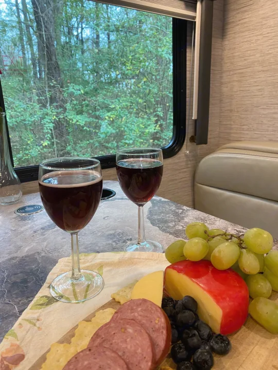 Cozy RV rental: A charcuterie board with cheese, salami, grapes, and wine glasses by the window, overlooking a lush forest.. Thor Magnitude GA 2022