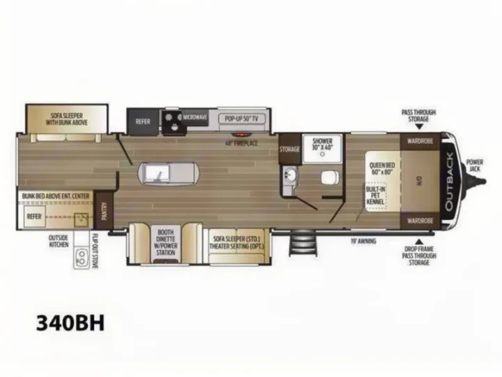 This 340BH Outback RV rental floor plan shows a spacious interior with a queen bed, bunk beds, full kitchen, and bathroom.. Keystone Outback 340 BH 2022