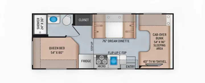 RV rental floorplan: a compact motorhome interior with queen bed, cab-over bunk, dinette, kitchen & bath areas.. Thor Freedom Elite 2021