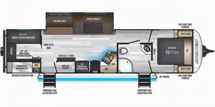 This RV rental floor plan for an Alpha Wolf model shows a queen bed, double bunks, dinette, and full kitchen for comfortable travels.. Forest River Cherokee Alpha Wolf 2021