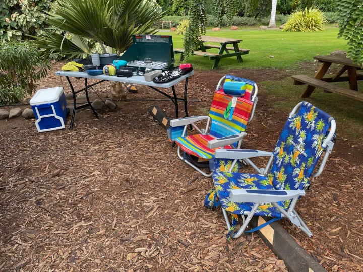 RV rental camping setup: portable stove, cooler, and chairs on wood chips with green grass beyond.. Jeep Wrangler 2017