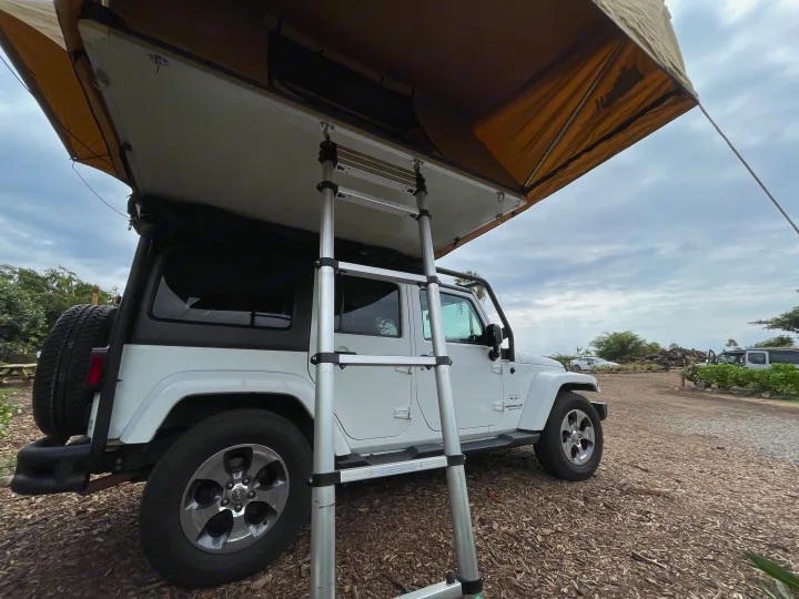 White Jeep Wrangler RV rental with a deployed rooftop tent and ladder, set up for camping on wood chips.. Jeep Wrangler 2017