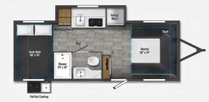 This RV rental floor plan shows a compact travel trailer layout with bunk beds, dinette, kitchen, & bath.. Winnebago Hike 2022
