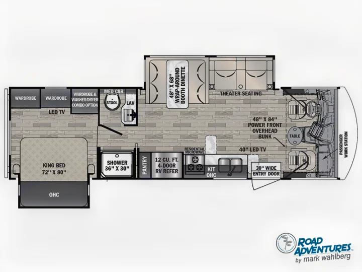This RV rental floor plan shows a spacious interior layout with a king bed, kitchen, bath, dinette, and theater seating.. Forest River Fr3 2021