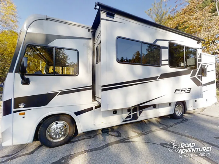 White FR3 Forest River Class A motorhome with slide-out extended, ready for your next rv rental adventure.. Forest River Fr3 2021
