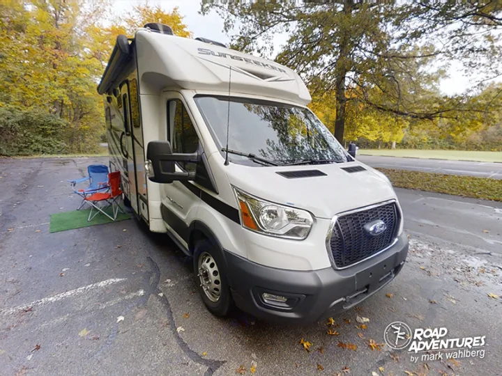RV rental: Sunseeker Class C RV ready for a road trip, with chairs out under autumn trees.. Forest River Sunseeker 2022