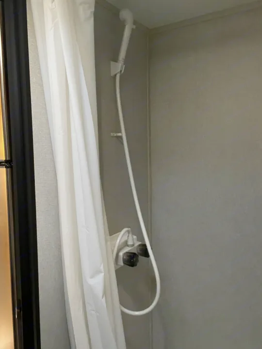 This RV rental features a compact shower area with a white handheld shower head, two-knob faucet, and a white shower curtain.. Keystone RV Springdale 2021