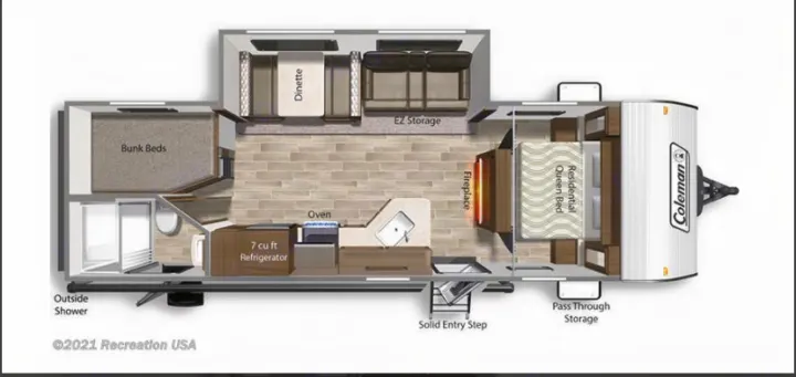 This detailed RV rental floor plan showcases a comfortable layout with bunk beds, a queen bed, kitchen, dinette, and various storage options.. Coleman Lantern 2021