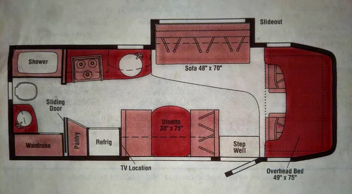 RV rental floor plan: Top-down view of interior layout showing shower, kitchen, dinette, sofa, slideout, and beds.. Winnebago Itasca Navion 2008