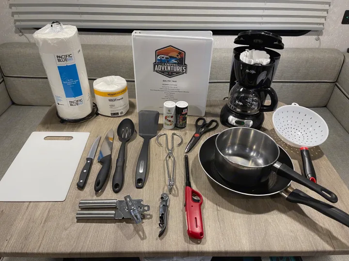 RV rental kitchen setup: coffee maker, cooking tools, cutting board, pots, pans, & paper goods for your adventure.. Forest River Evo 2850 2019