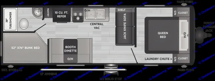 RV rental floor plan: Queen bed, bunk bed, jack knife sofa, booth dinette, kitchen, bath, and extensive storage.. Keystone Hideout 2021