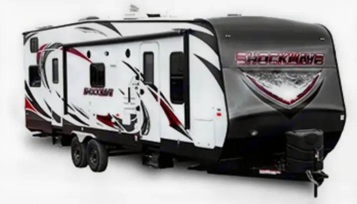 This white and black Shockwave RV rental is a spacious travel trailer, perfect for your next outdoor adventure.. Forest River Shockwave 2008
