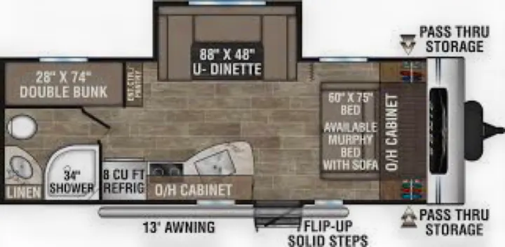 RV rental floor plan: Features double bunks, U-dinette, Murphy bed/sofa, kitchen, bath, and pass-thru storage with a 13' awning.. Sonic Sonic Trailer 2025