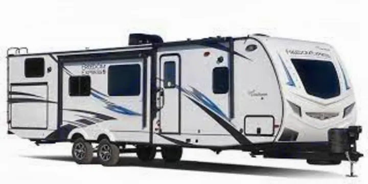 A modern white travel trailer, ideal for an RV rental adventure. This large recreational vehicle features multiple windows and sleek graphics.. Coachmen Other 2020