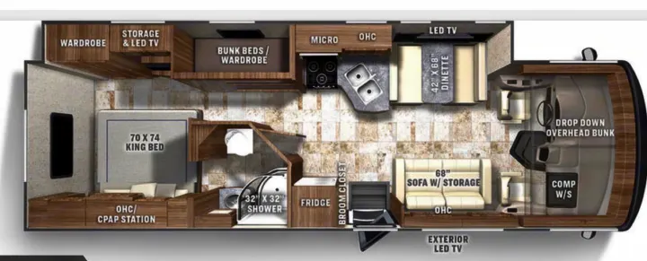 Detailed rv rental floor plan showcasing a spacious interior with king bed, dinette, kitchen, shower, and multiple sleeping areas.. Forest River Coachmen Pursuit 2022