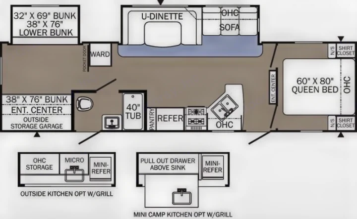RV rental floor plan: Spacious travel trailer layout with queen bed, bunks, kitchen, & U-dinette, ideal for families.. Palomino Puma 2018