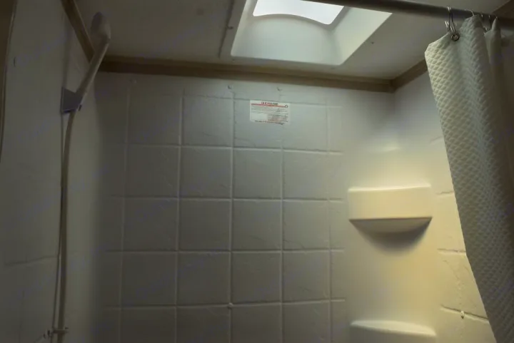 View inside a modern RV rental shower, featuring a skylight, hand-held shower, and built-in shelving.. Forest River X-Lite 2020