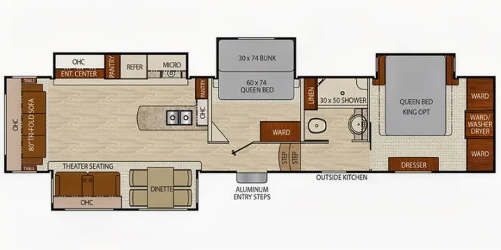 RV rental floor plan: Detailed layout with spacious living, kitchen, bath, queen bed, bunk, and convertible sleeping areas.. Forest River Chaparral 2017