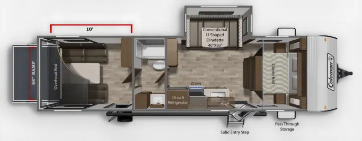RV rental toy hauler floor plan featuring a 10' garage, queen bed, U-dinette, kitchen, and bath.. Coleman Lantern 300tq 2022