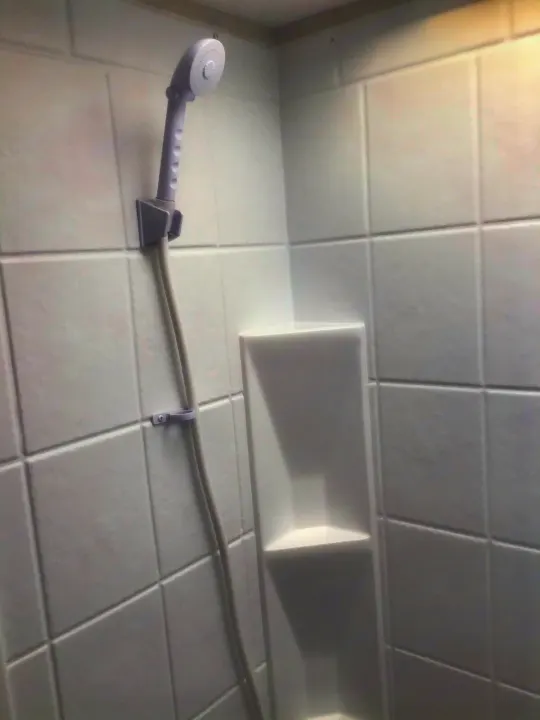 Compact, clean white shower in an RV rental, featuring a handheld showerhead and built-in corner shelves.. Coachmen Clipper 2020