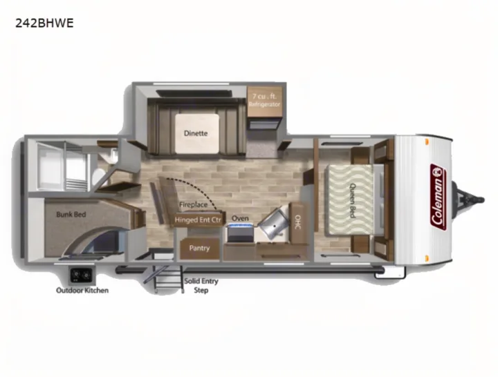 Detailed Coleman 242BHWE RV rental floor plan shows queen bed, bunks, dinette, kitchen, bathroom, & outdoor kitchen layout.. Coleman Lantern 2022