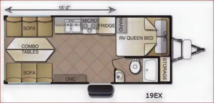 This RV rental floor plan shows a compact interior with a kitchen, living area, queen bed, and bathroom.. Pacific Coachworks Rage'N 2015