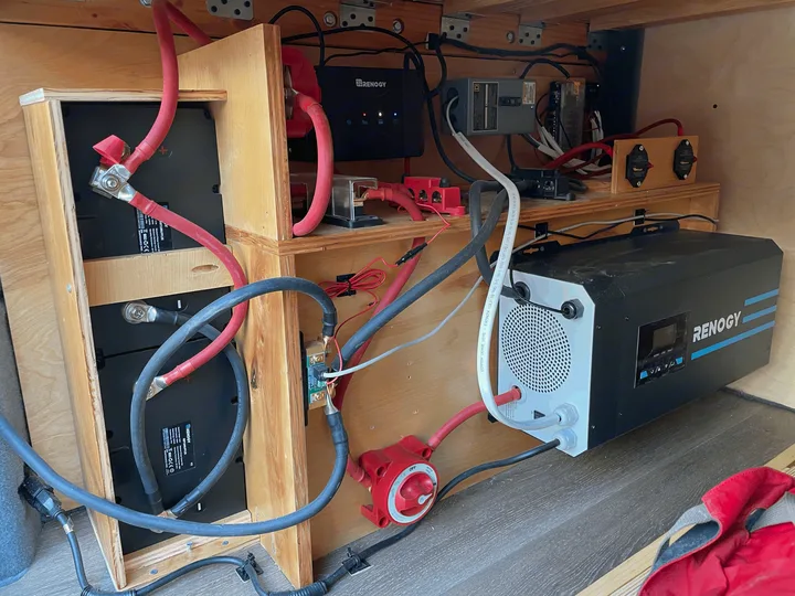 An RV rental's Renogy electrical system, featuring batteries, inverter, charge controller, and power distribution.. Ram Promaster 2500 2021