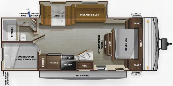 RV rental floor plan detailing queen and bunk beds, full kitchen, bathroom, and living areas with storage.. Starcraft Autumn Ridge 2022