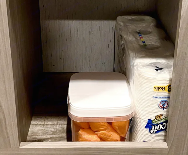 RV rental storage cabinet with Scott Rapid-Dissolving toilet paper & orange packets, likely RV toilet treatment supplies.. Coleman Lantern 2022
