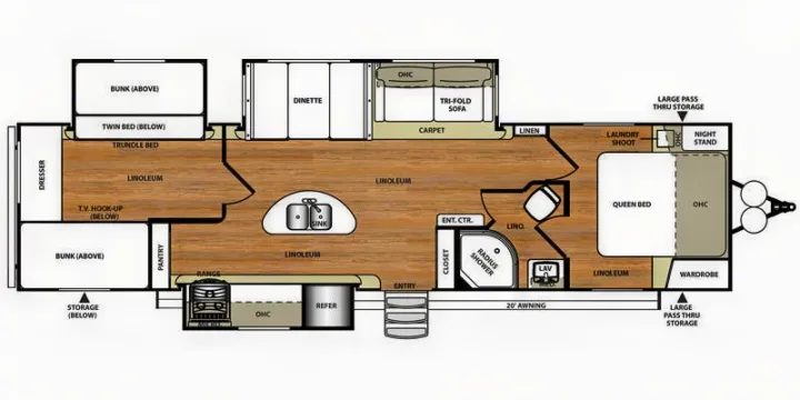 This RV rental floor plan showcases a spacious layout with bunk beds, a queen bed, kitchen, living area, and bathroom.. Forest River Salem Hemisphere Lite 2016