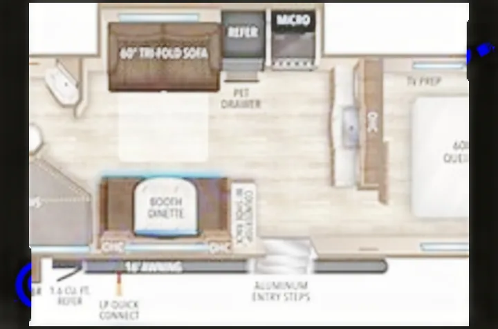 This RV rental travel trailer floor plan shows a dinette, sofa, queen bed, and kitchen layout, perfect for your next trip.. Grand Design Transcend Xplor 2022